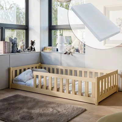 Image de Lit d'enfant lit de sol 80x180 cm Lit avec matelas, protection contre les chutes & sommier Montessori Lit d'enfant lit d'adolescent lit simple | bois naturel garçon fille