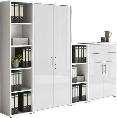 Produktbild von Aktenschrank TABOR 22 in weiß / weiß Hochglanz, Schrankwand, Büroschrank, abschließbar, Metallgriffe