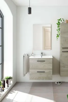 Immagine prodotto di Dmora Mobile Sottolavabo Affa 57x60x45h cm Marrone Rovere, Specchio Incluso 2 Cassetti