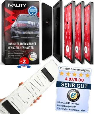 Produktbild von IVALITY® Magnet Kennzeichenhalter auf der Stoßstange mit Gutachten für 2x Alu-Kennzeichen - Rahmenlose Nummernschild Halterung für dein Auto