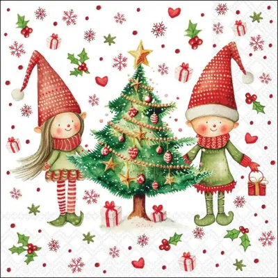 Image de 20 serviettes « Elves by the Tree » - Petits lutins de Noël près d'un sapin, 33 x 33 cm