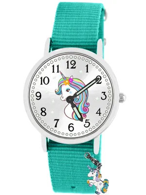 Produktbild von Kinder Armbanduhr Mädchen Einhorn Schmuckset leuchtet im dunkeln wasserdicht Armband türkis 924