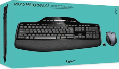 The image shows the retail packaging of a Logitech MK710 wireless desktop set, featuring the keyboard and mouse.