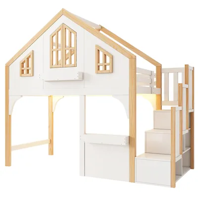 Produktbild von Merax Etagenbett 90x200cm mit LED und Stauraumtreppe, , Hochbett in Fenster-Form mit Lattenrost aus Holz, Hausbett mit Öffnende Fenster, Weiß + Natur