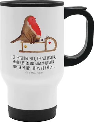 Produktbild von Mr. & Mrs. Panda Kaffeebecher To Go Rotkehlchen Schlitten - Weiß - Geschenk, Kaffee-Thermobecher, thermosbecher, Weihnachten, Thermobecher, Vogel, Becher, Teebecher