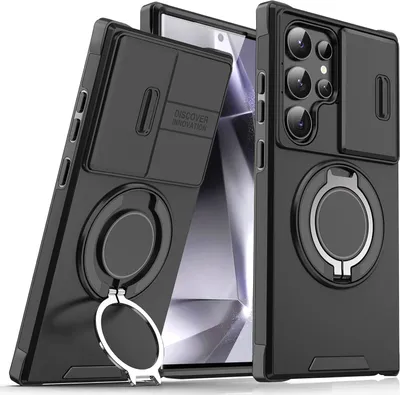 Immagine prodotto di Custodia a doppio strato per Samsung Galaxy S23 Ultra, con copertura scorrevole per la fotocamera e supporto magnetico ad anello Nero