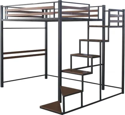 Produktbild von Metall-Hochbett mit Treppe "LENA" - 140 x 200 cm - Schwarz und Walnussbraun