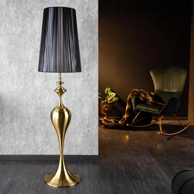 Produktbild von cagü: Design Stehlampe SCARLET Schwarz mit Standfuß aus Gold glänzendem Metall 160cm Höhe