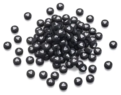200 Acryl-Herzperlen, flach, rund, 7 mm, schwarz-weiß