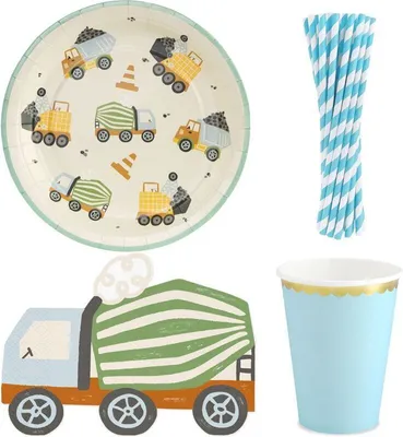 Produktbild von Baustellen Party Deko Set Jungs Kindergeburtstag Einweggeschirr Bagger