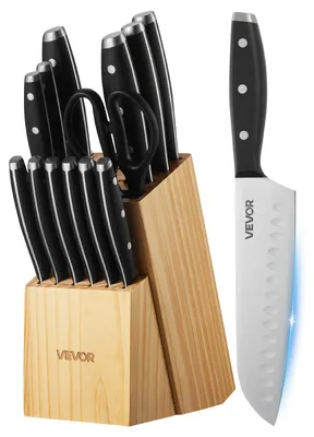 Obrázek produktu pro Sada kuchyňských nožů VEVOR s blokem na nože (dřevo) a ocílkou, 15dílná sada nožů, nože z nerezové oceli s vysokým obsahem uhlíku, kuchyňské příbory s ergonomickou rukojetí a kuchyňské nůžky pro hobby kuchaře