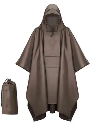 Produktbild von Regenponcho – Regenjacke mit Kapuze – Fahrradponcho – Uni – 210 x 140 cm – Wiederverwendbar – Mit Brusttasche und Aufbewahrungstasche – Braun