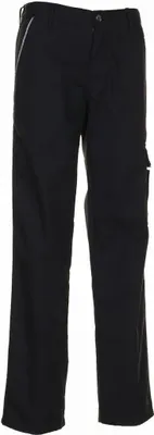A pair of black work pants is shown against a white background.