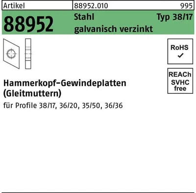 Produktbild von Reyher  Hammerkopf-Gew.platten Typ 38/17, M 8, Zn (100 Stück)