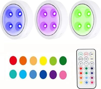 Produktbild von 3 Stück RGB LED Unterbauleuchte Kabellos Dimmbar, Schrankbeleuchtung Batterie Timer 13 Farben Touch, LED Spot Fernbedienung Küche Regal Treppe,Weiß