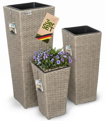 Produktbild von CASARIA® Blumentopf 3er Set Polyrattangeflecht Übertopf Wasserabfluss Rattanoptik Outdoor Pflanzkübel Blumenkasten Creme