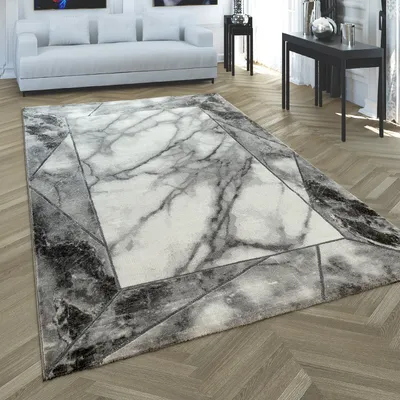 Produktbild von Teppich Wohnzimmer Kurzflor Marmor Optik Mit Bordüre Modern Geometrisch Silber Grösse 120x170 cm