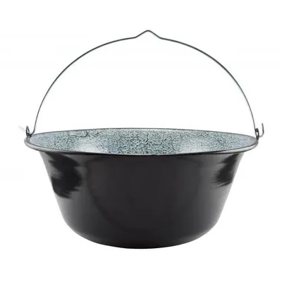 A black enamel pot with a wire handle is shown against a white background.