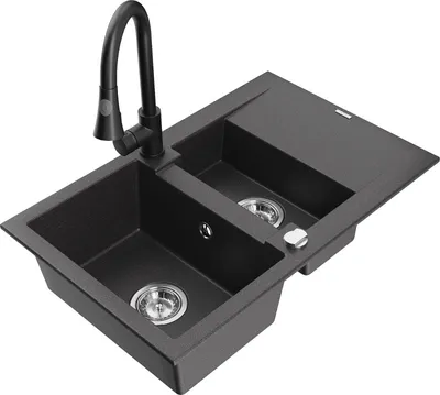 Produktbild von Mexen Gaspar 1,5-Becken-Granitspüle mit Abtropffläche und Mischbatterie Elia, Schwarz gesprenkelt - 6507-76-670101-70