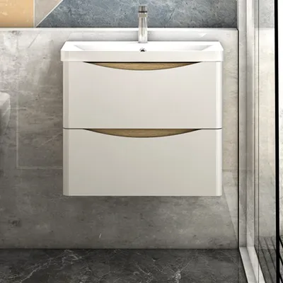 Produktbild von Badmöbel-Set 60 cm HALMON Eiche Weiß Badezimmerschrank,Mineralgusswaschbecken mit Unterschrank,Badschrank mit 2 Schubladen