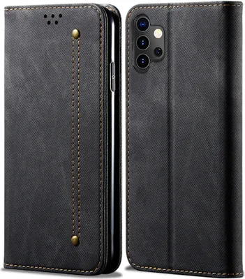 Produktbild von Galaxy A32 4G Hülle, LaimTop Denim Leder Brieftasche Magnetverschluss Flip Bookstyle Schutzhülle mit Standfunktion für Samsung Galaxy A32 4G Schwarz