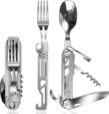 Produktbild von EssBesteck Kompakt Camping-Besteck Edelstahl5-in-1, Campingbesteck, Messer, Gabel, Löffel-Set, tragbares Besteck für den Außenbereich