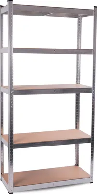A metal shelving unit with wooden shelves against a white background.