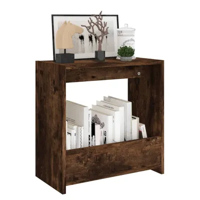 A dark brown wooden side table with books on the lower shelf and decorative items on the top shelf.