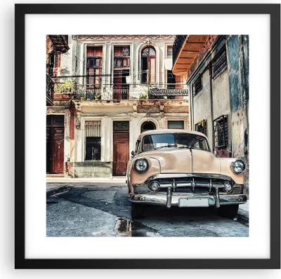 Produktbild von Gerahmtes Poster - Schwarzer Rahmen - Kubanisch Auto Mietshäuser - 40x40 cm - Wand Bild - Wanddeko - Wandbilder - Kunstposter - Wandposter - Bilderrahmen - Bilder - Kunstdruck - P2BAC40x40-4413