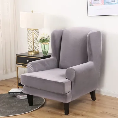 Obrázek produktu pro Velvet Wing Chair Covers 2 Piece Chair Covers Slipcover Elastický kryt křesla Sofa Cover Stretch Protective Cover Kryt křesla pro Wing Chair, Light Grey