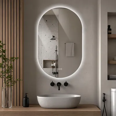 Obrázok produktu pre LED zrkadlo do kúpeľne, 60 × 90 cm, oválneho tvaru, bez rámu, s podsvietením, funkciou proti zahmlievaniu, 3 farby svetla, s plynulou reguláciou jasu