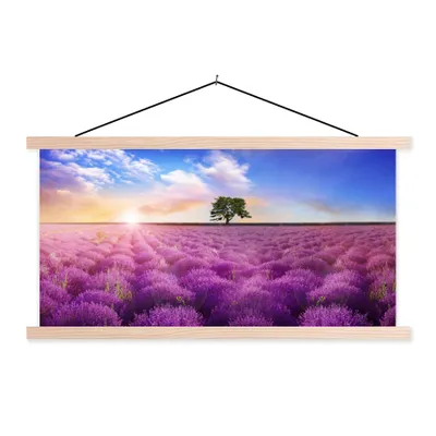 Produktbild von MuchoWow® Textilposter Lavendel - Baum - Sonnenuntergang - Lila 60x30 cm mit holzfarbenen Rahmen - Dekoration