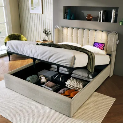 Immagine prodotto di Letto imbottito 160x200 cm con spazio contenitore, luce da lettura e 2 porte USB, letto in lino color naturale con rete a doghe e testiera, ideale per la camera da letto