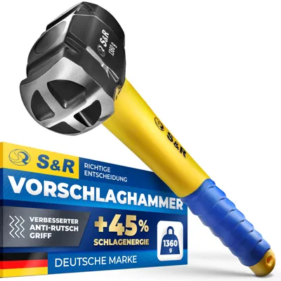 Produktbild von S&R Kombi Fäustel, kleiner Vorschlaghammer mit Doppelkopf, Kreuz- und Flachseite, Kopf-Gewicht 1360 Gr, rutschfester handschonender 2-K Fiberglas-Griff, hitzegehärtet, geschmiedet, Vorschlag Hammer