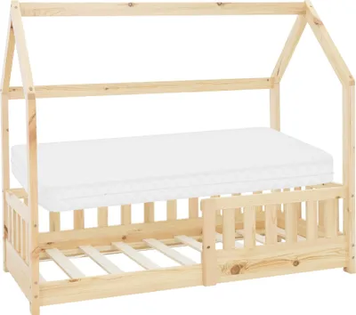 Produktbild von ML-Design dětská postel 70x140 cm s matrací, ochrana proti vypadnutí, střecha a lamelový rošt, přírodní, domácí postel z borovicového dřeva