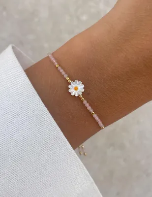Produktbild von Rosenquarz-Fadenarmband mit Perlmuttblüte - Kreativität, Fantasie, Freundschaft