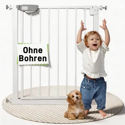 Produktbild von NAIZY Absperrgitter 75‑85 cm Druckmontage ohne Bohren 180° Zweiwegeöffnung Sicherheitsgitter für Baby Welpe Haustier Tür Treppe Weiß