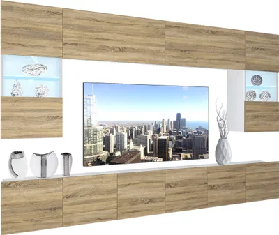 Produktbild von BELINI Wohnwand Vollausstattung Wohnzimmer-Set Moderne Schrankwand mit LED-Beleuchtung Weiß Glänzend Anbauwand TV-Schrank Sonoma Eiche Matt