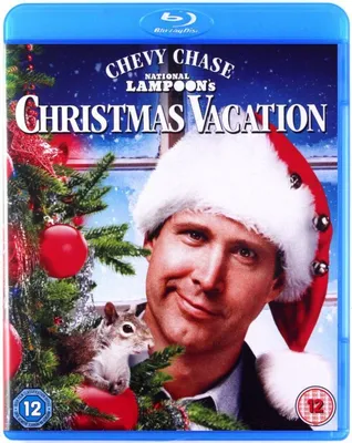 The cover of a Blu-ray disc for the movie National Lampoon's Christmas Vacation, featuring Chevy Chase in a Santa hat.