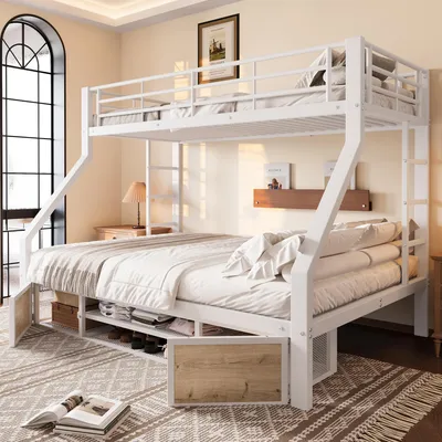 A bunk bed with storage underneath, set up in a bedroom with a large arched window.
