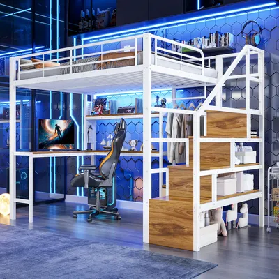 Produktbild von Hochbett 140x200 mit Schreibtisch & LED-Beleuchtung, platzsparendes Etagenbett aus Metall, Treppe mit Stauraum & Schubladen für Jugendzimmer, Weiß