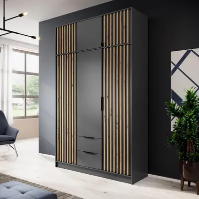 Produktbild von Schlafzimmer Kleiderschrank mit Aufsatzschrank, 155 cm breit, in Graphit mit Eiche, Akustikpaneel-Optik - NAMUR-160