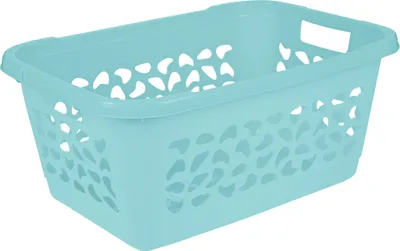 A light blue laundry basket with cut-out patterns on a white background.