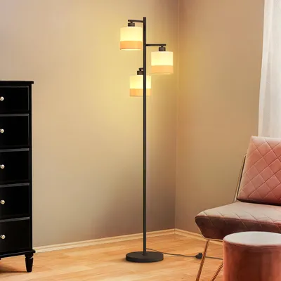 Produktbild von ZMH Stehlampe Wohnzimmer Stehleuchte Stoff Standlampe 3 Flammig Standleuchte Schwarz Leselampe E27 Bodenlampe mit Fußschalter für Schlafzimmer Büro