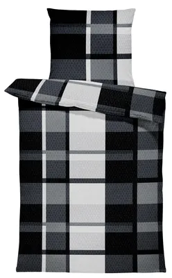Produktbild von Winter Bettwäsche Thermo Fleece Flausch Kuschelig Warme Garnitur Bettbezüge Set, Größe:4 teilig  135x200 cm, Farbe:Kariert grau schwarz