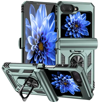 Immagine prodotto di Custodia per Samsung Galaxy Z Flip 5 a doppio strato con copertura scorrevole della fotocamera e supporto ad anello verde
