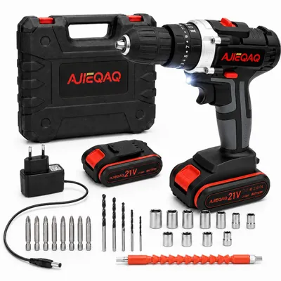 Produktbild von AJIEQAQ Akku-Schlagbohrschrauber 21V, 3-in-1 Akkuschrauber Set mit 2x 1,5Ah Akku, 30Nm Drehmoment, 25+3 Drehmomentstufen, 2-Gang-Getriebe, LED Licht