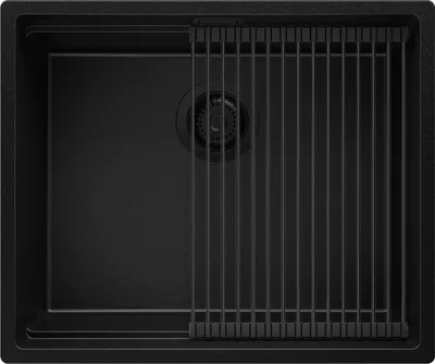 Produktbild von PRIMAGRAN Unterbauspüle Granit Alles Schwarz 56x47cm, Spülbecken 1 Becken + Ablauf-Set + Aufrollbare Abtropffläche, Granitspüle ab 60er Unterschrank - Praga