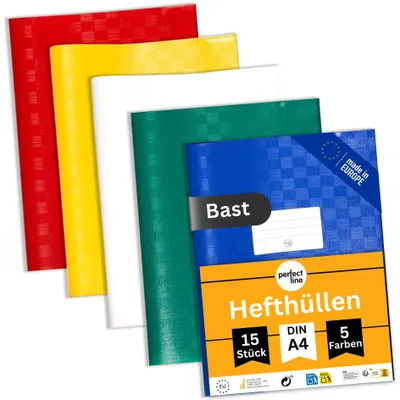 Produktbild von perfect line 15 Bast-Hefthüllen DIN A4, 5 Farben - Heftumschlag mit Beschriftungsetikett, 100 my PP
