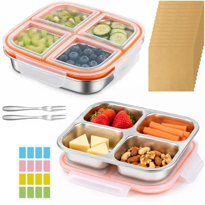 Snackbox 2er-Set 600 ml Edelstahl mit 4 Fächern, auslaufsicher